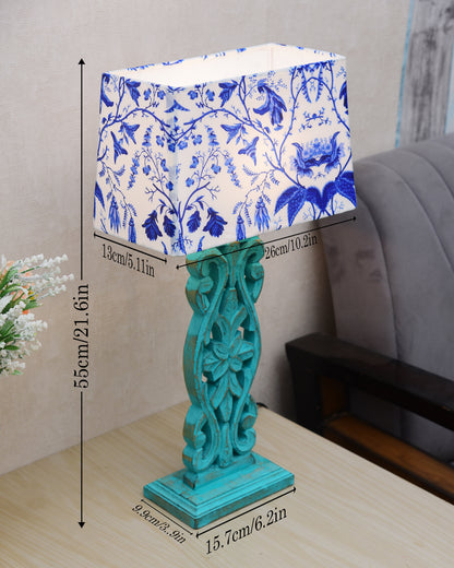 Sculptural Hand Carved Wood Table Lamp with Blue Birds shade, Mint Green.