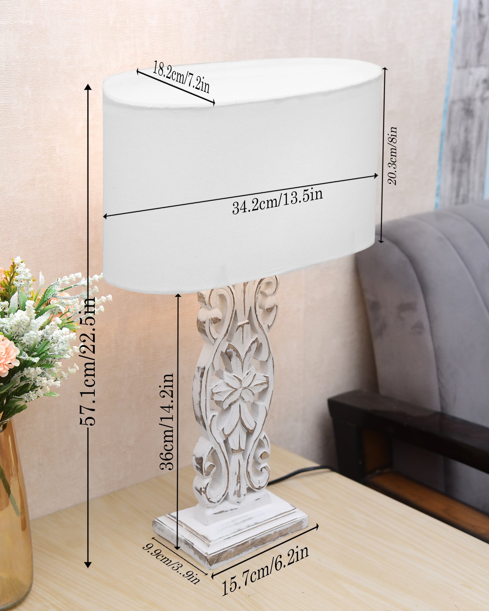 Sculptural Hand Carved Wood Table Lamp with Oval White shade