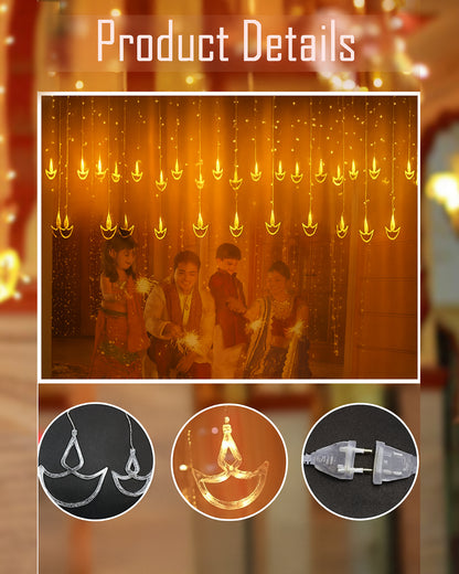 Homesake® 12 Diya Curtain Fairy String Led Diya Light with Plug in String Lights with 8 Modes, Diwali, Christmas Festive Lights, Pooja Room Decor for Indoor Outdoor Window Wall Home Party (Warm White)