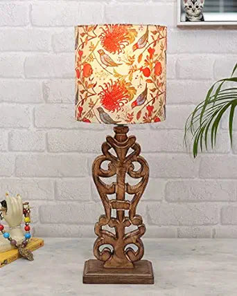 Sculptural Hand Carved Wood Table Lamp with Savannah shade, Antique Black