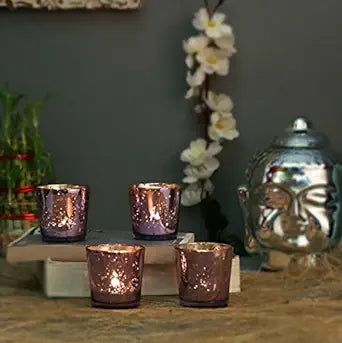 Mercury Silver T-light holder, Glass candle holder stand with free candles