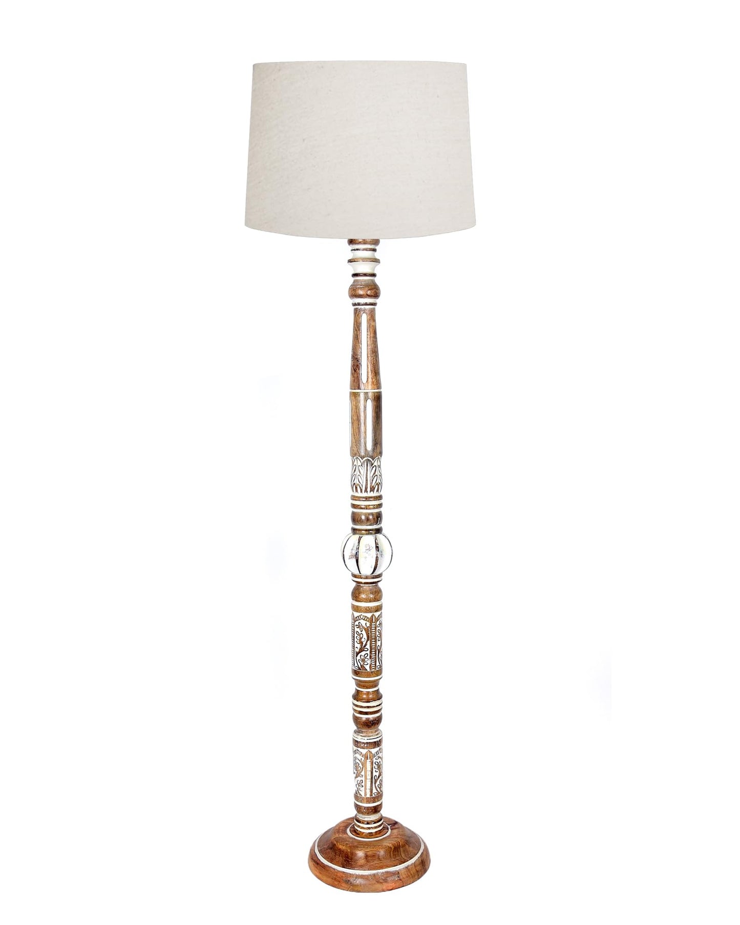 Royal Carving Antique white finish wooden floor lamp with Beige Fabric Lamp Shade