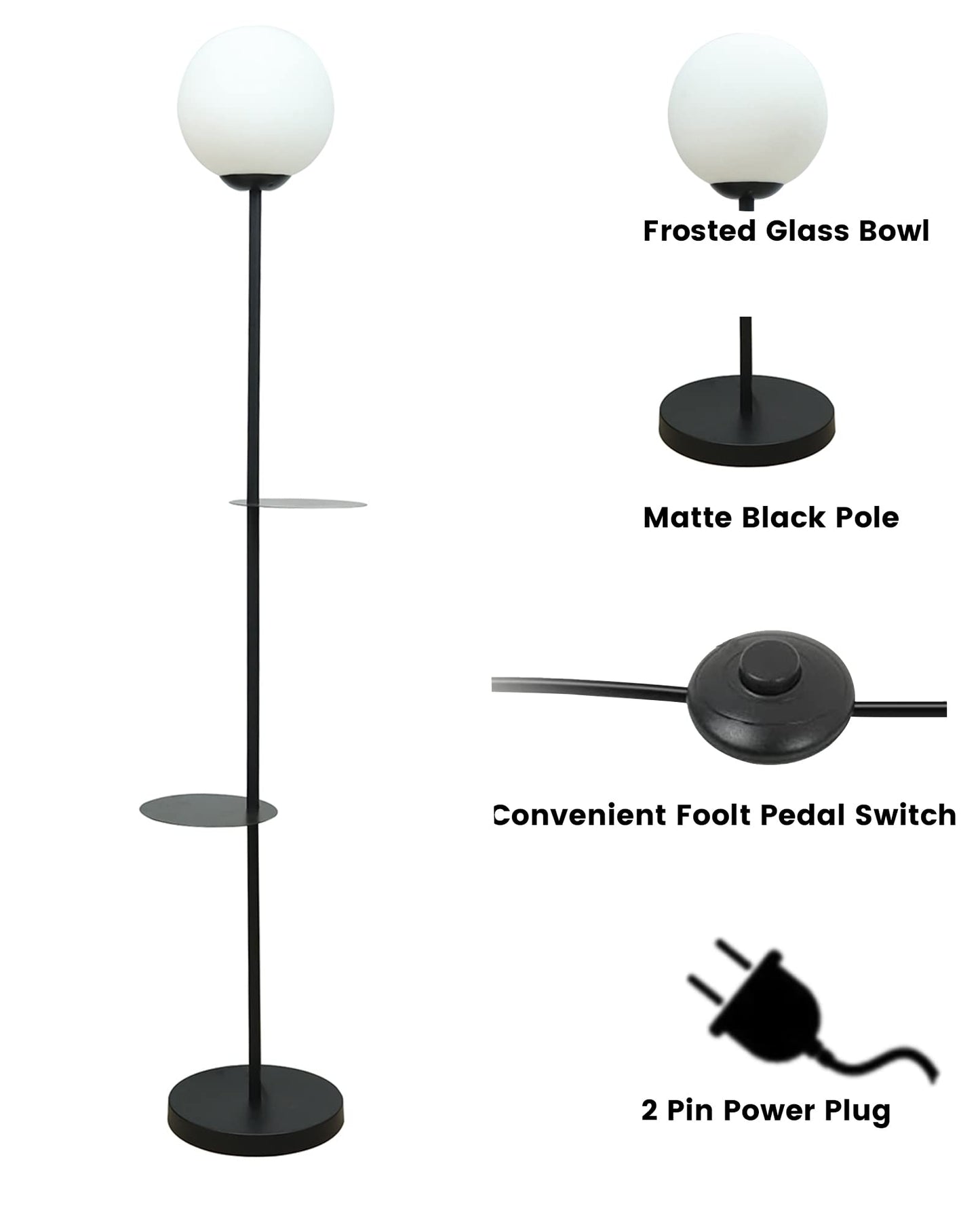 Homesake® Contemporary Duo Shelf Metal Floor Lamp for Living Room | Bedside Side Lamp for Living room Office Home Decor Standing Lamp | Black, White Globe (Black)