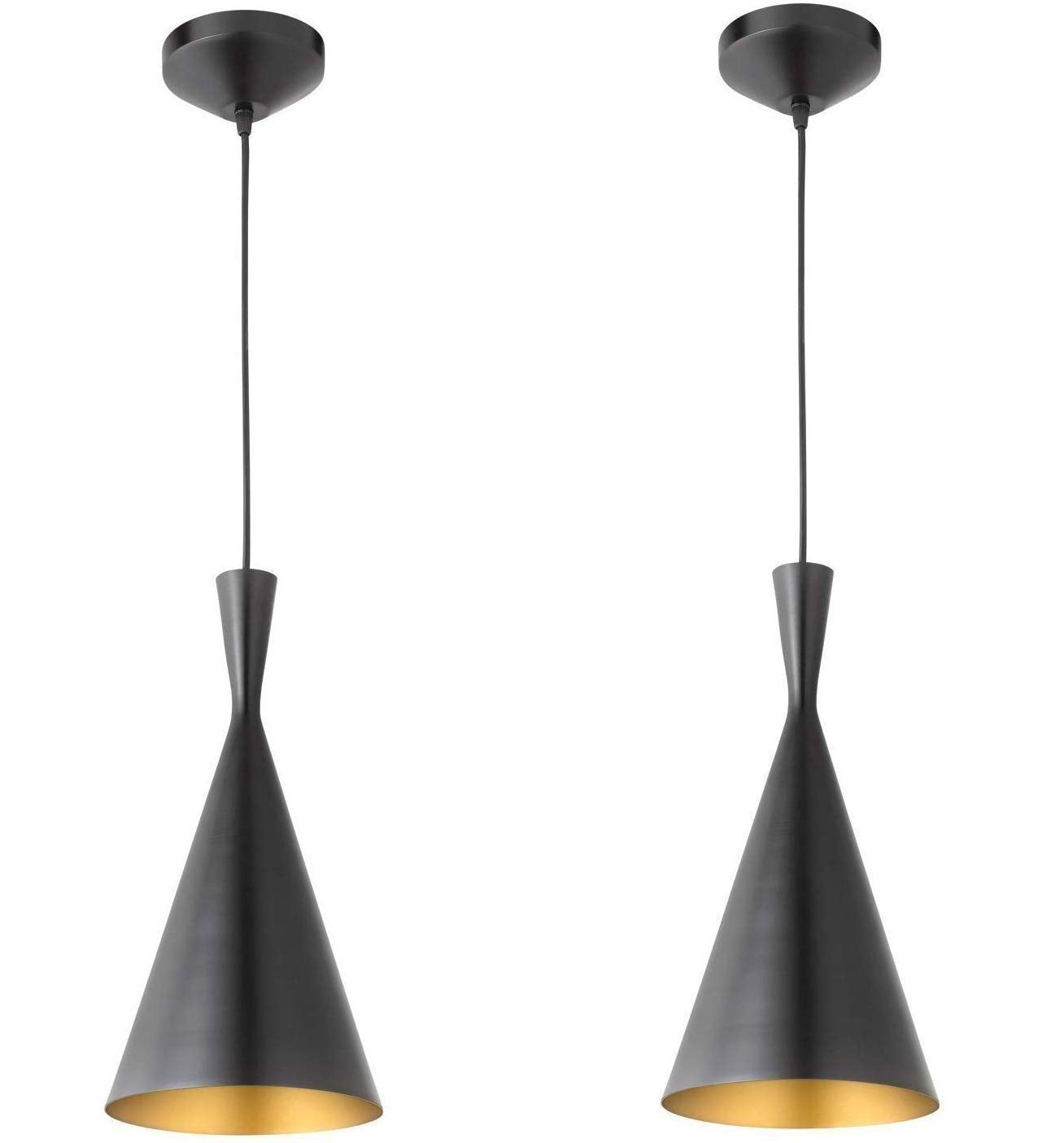 Homesake® Modern Black Metal Pendant Lights - Industrial Style Hanging Cone Lamps for Living Room, Dining Room, Kitchen, Adjustable Cord, LED Compatible, Trendy Home Decor Lighting Fixtures - Set of 2
