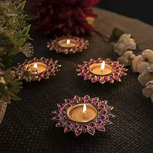 Crystal Diya with T-Light- Set of Four silver plates, candle holder stand with free candle