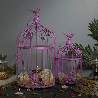 Hot Bird Cage with floral vine (Set of 2), with hanging chain