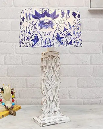 Sculptural Hand Carved Wood Table Lamp with Blue Birds shade, Mint Green.