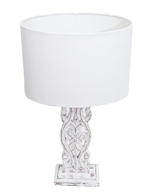 Sculptural Hand Carved Wood Table Lamp with Oval White shade, Antique Black