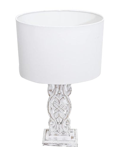 Sculptural Hand Carved Wood Table Lamp with Oval White shade, Antique Black