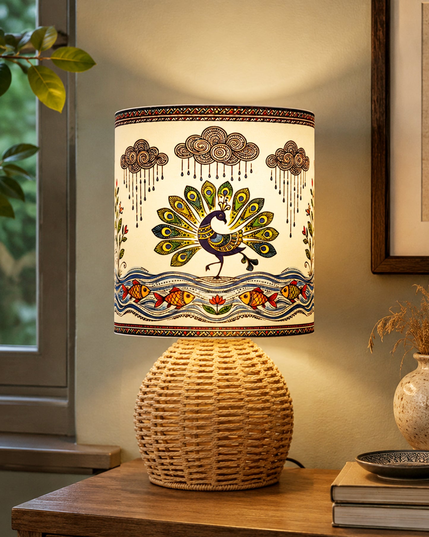 Homesake® Shade Rattan Table Lamp for Bedroom & Living Room, Natural Wicker Bedside Lamp for Bedroom, Living Room & Home Décor, E27 Holder, Livra, Scandinavian, Minimal Style Lighting (Round, Jute)