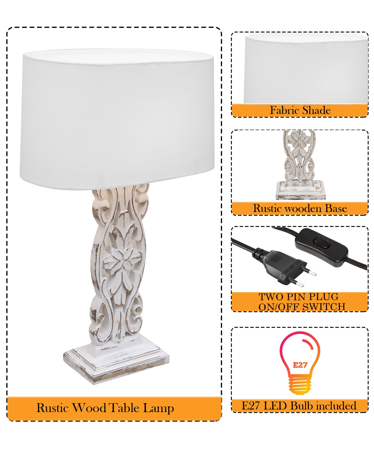 Sculptural Hand Carved Wood Table Lamp with Oval White shade, Antique Black