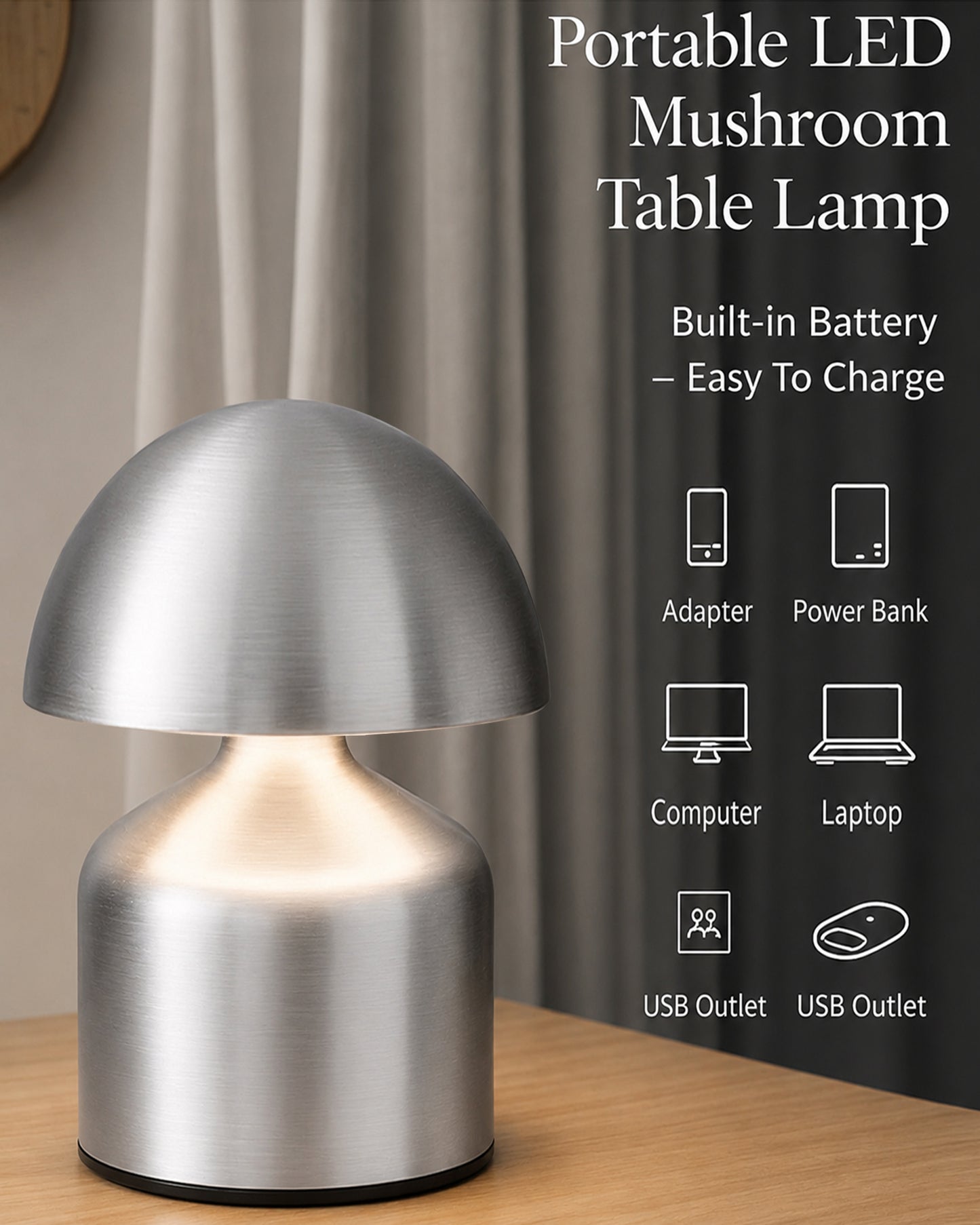 Table Lamp Portable Lamps for Bedroom, Night Lamp, Table Lamp for Bedroom & Living Room, Bedside Lamp, Dimming, 3 Colour Touch Control, Wireless Charging, Metal Mushroom, Gold