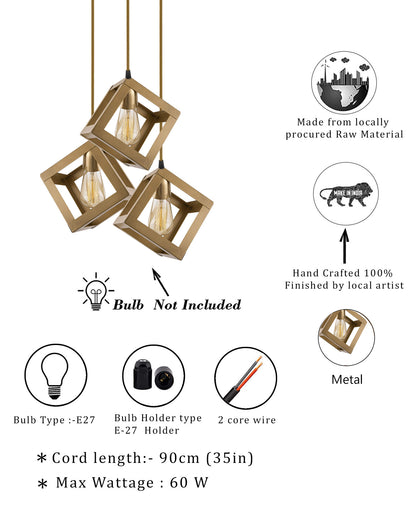 3-lights Round Cluster Chandelier Golden Hanging Cube 6", Hanging Pendant Light with Braided Cord, URBAN Retro, nordic style, LED/filament bulb