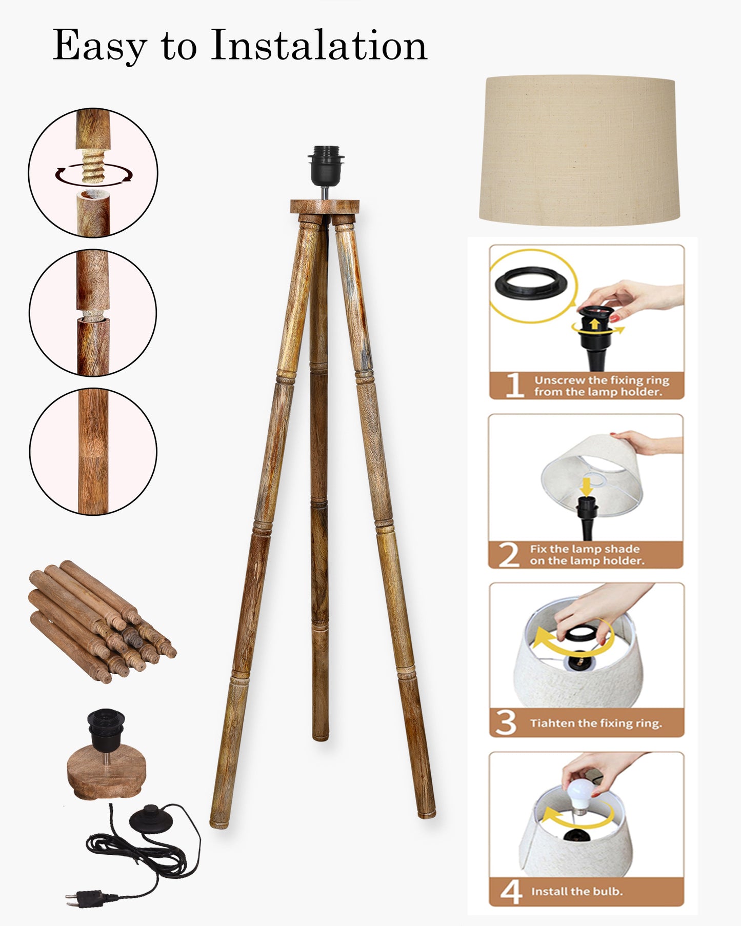 Wood Tripod Floor Lamp, Mid Century Standing Lamp, E27 Lamp Base, With shade Modern Design Floor Reading Lamp for Living Room Bedroom, Study Room and Office