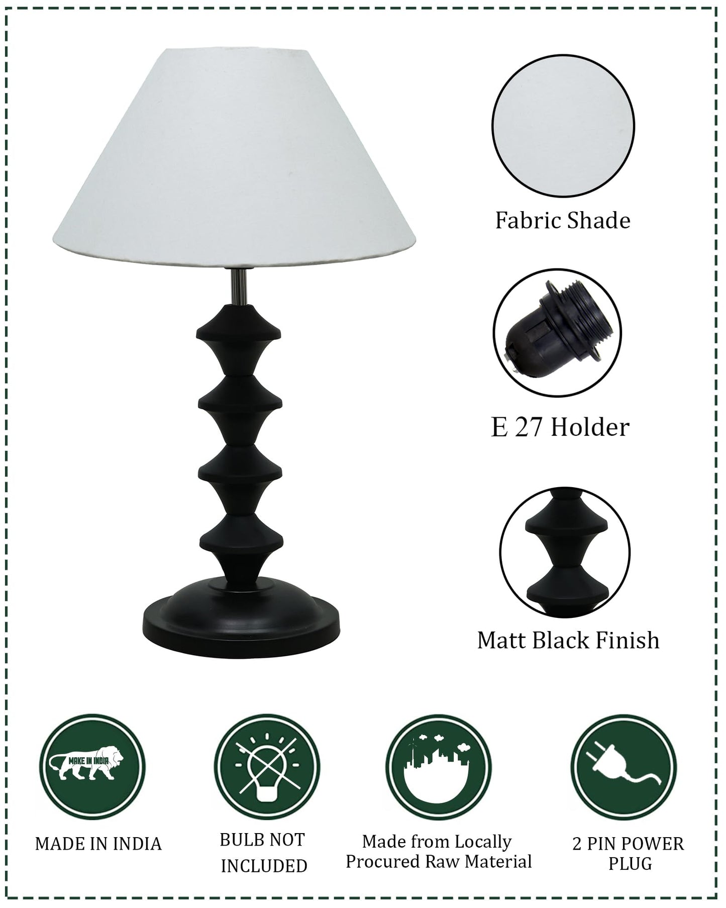 Black Metal Table Lamp with Fabric Shade, B22 holder, Pillar