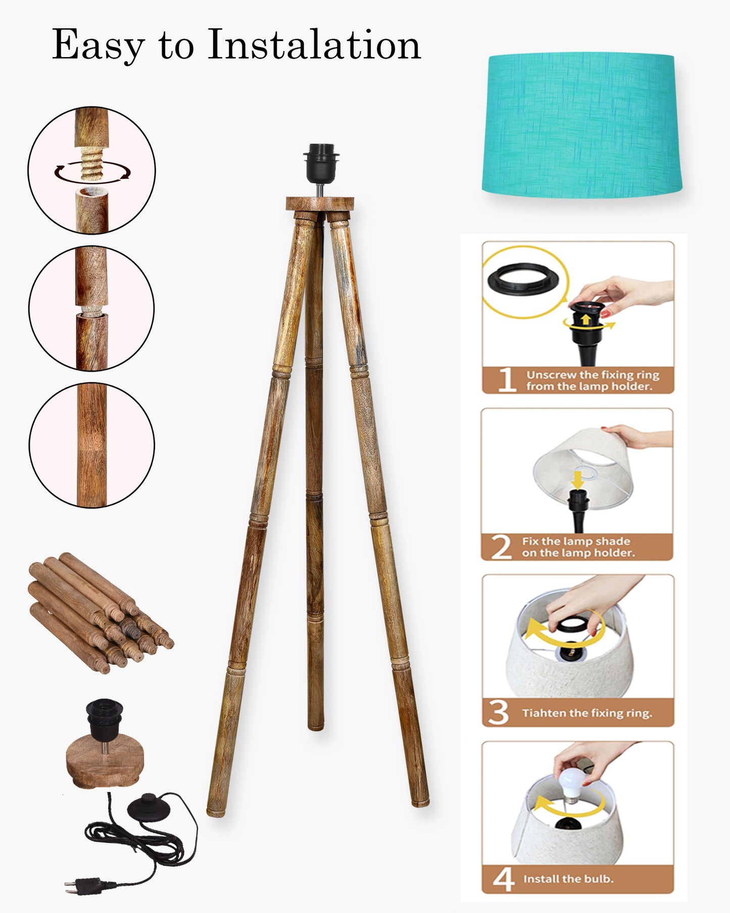 Wood Tripod Floor Lamp, Mid Century Standing Lamp, E27 Lamp Base, With shade Modern Design Floor Reading Lamp for Living Room Bedroom, Study Room and Office