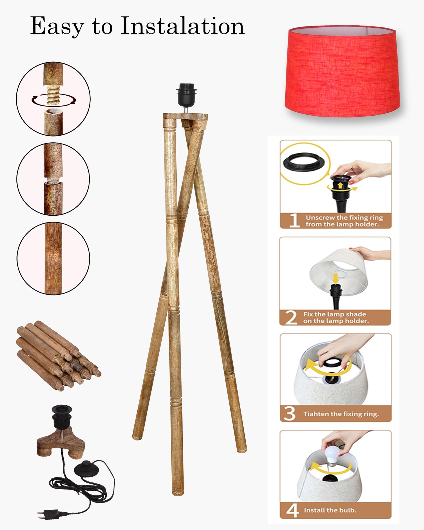 Cross-leg Wood Tripod Floor Lamp, Mid Century Standing Lamp, E27 Lamp Base, With Shade Modern Design Floor Reading Lamp for Living Room Bedroom, Study Room and Office