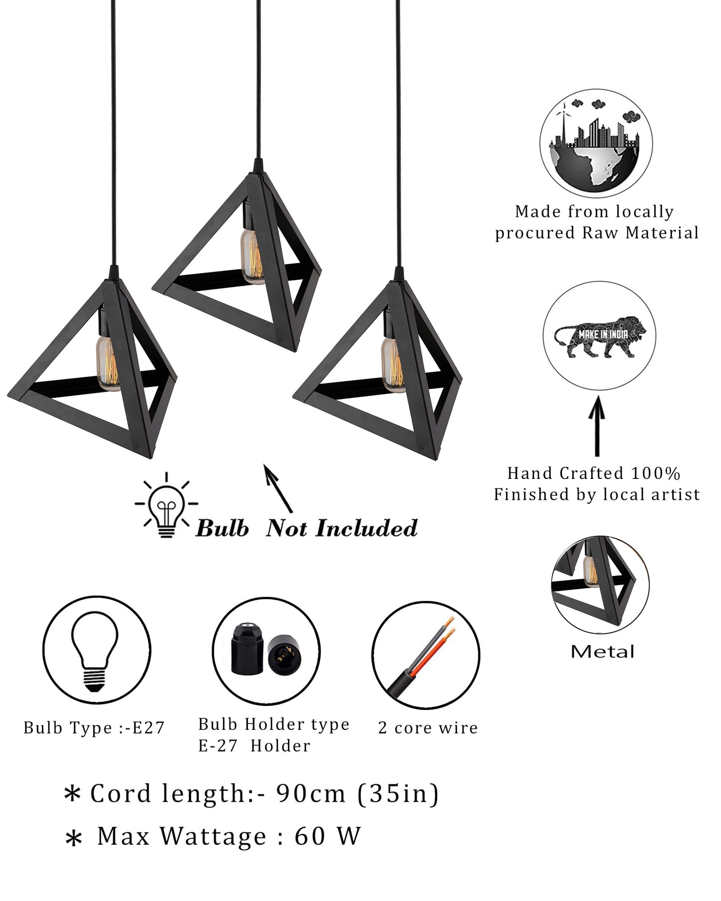 3-Lights Cluster Chandelier Triangle 6", E27 Holder, Decorative, Black, URBAN Retro, Nordic Style, LED/Filament Bulb