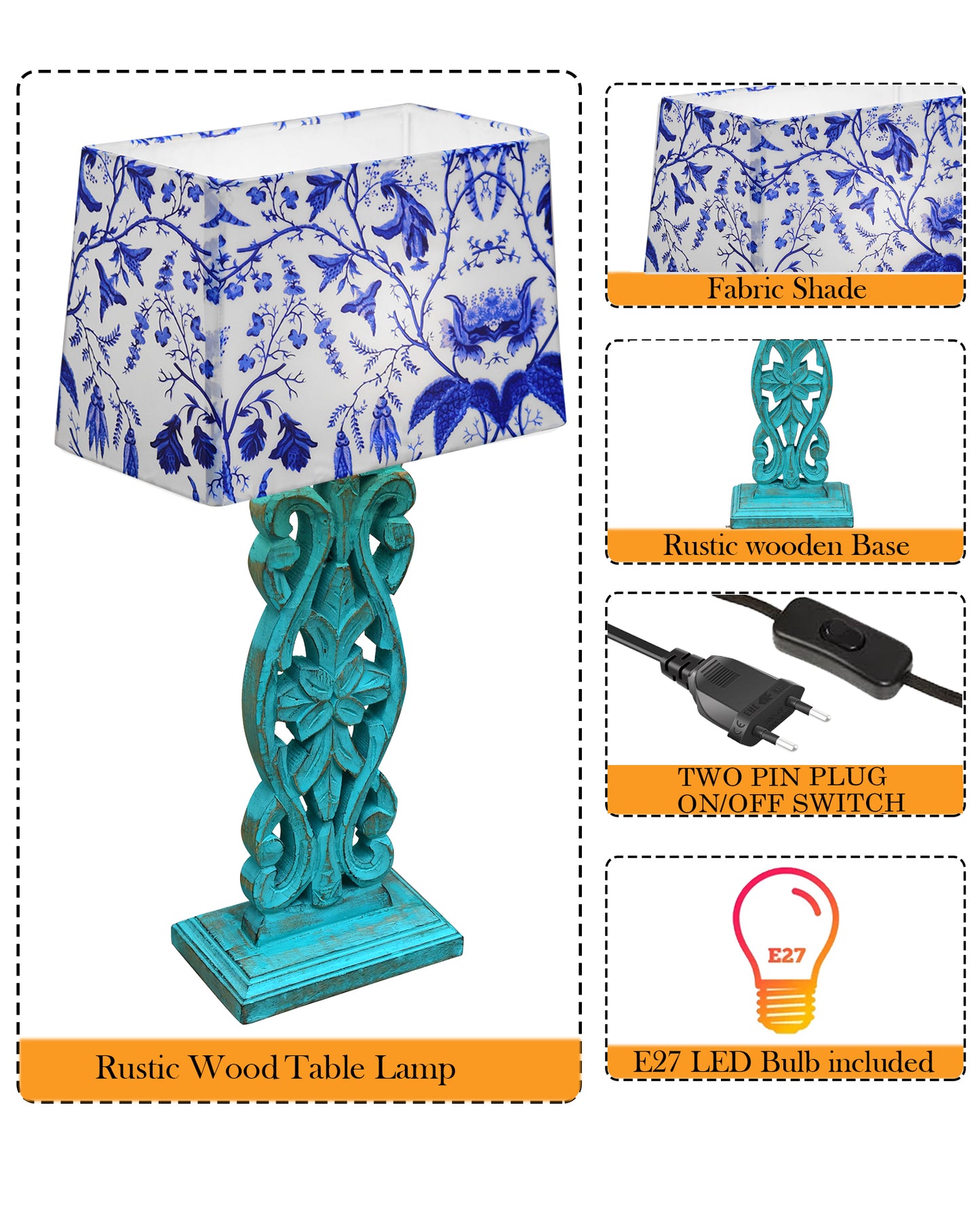 Sculptural Hand Carved Wood Table Lamp with Blue Birds shade, Mint Green.