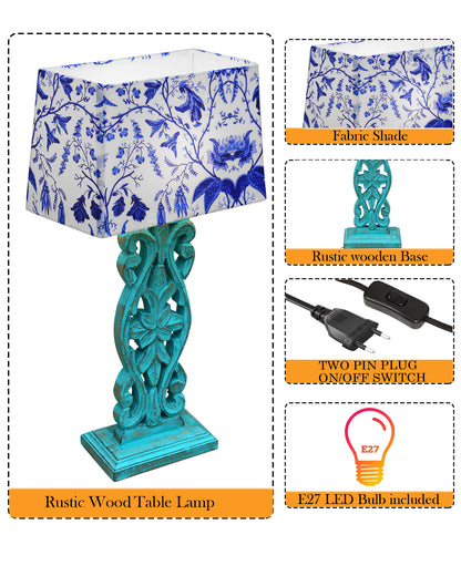 Sculptural Hand Carved Wood Table Lamp with Blue Birds shade, Mint Green.