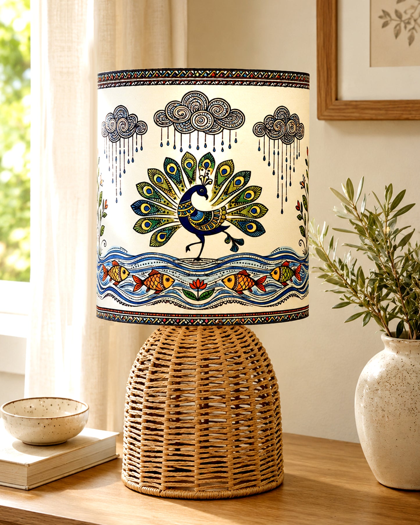 Homesake® Raffia Rattan Table Lamp with Fabric Shade, Small Nightstand Lamp, Natural Wicker Bedside Lamp for Bedroom, Living Room, Study & Home Décor, Livra Collection | E27 Holder