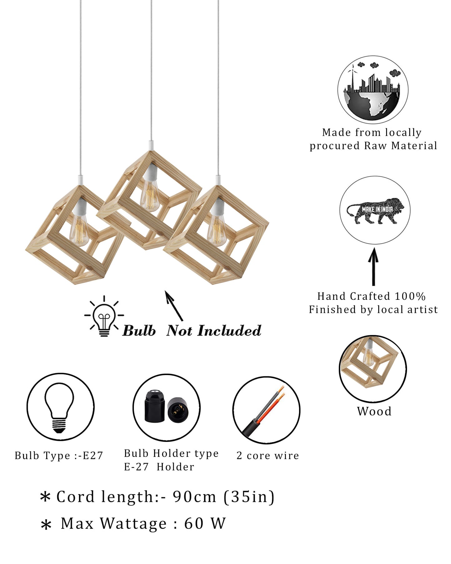 3-Lights Round Cluster Chandelier Modern Nordic Wooden Pendant Cube Light with Silicone Holder, URBAN Retro, Nordic Style, LED/Filament Bulb