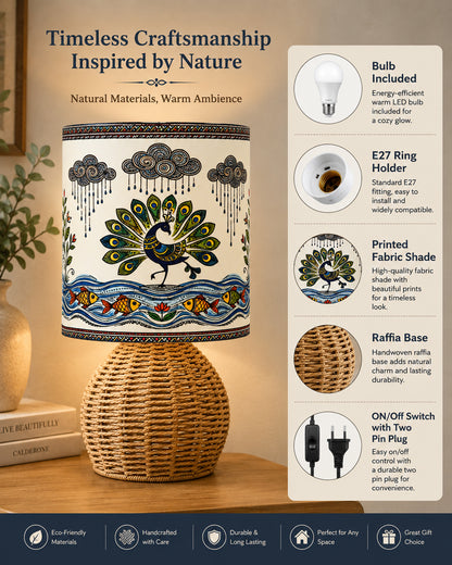 Homesake® Shade Rattan Table Lamp for Bedroom & Living Room, Natural Wicker Bedside Lamp for Bedroom, Living Room & Home Décor, E27 Holder, Livra, Scandinavian, Minimal Style Lighting (Round, Jute)
