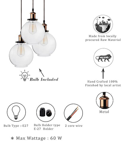 3-Lights Round Cluster Chandelier Modern Glass Globe Hanging Light, Antique Socket, E27 Holder, Kitchen Island Ceiling Light URBAN Retro