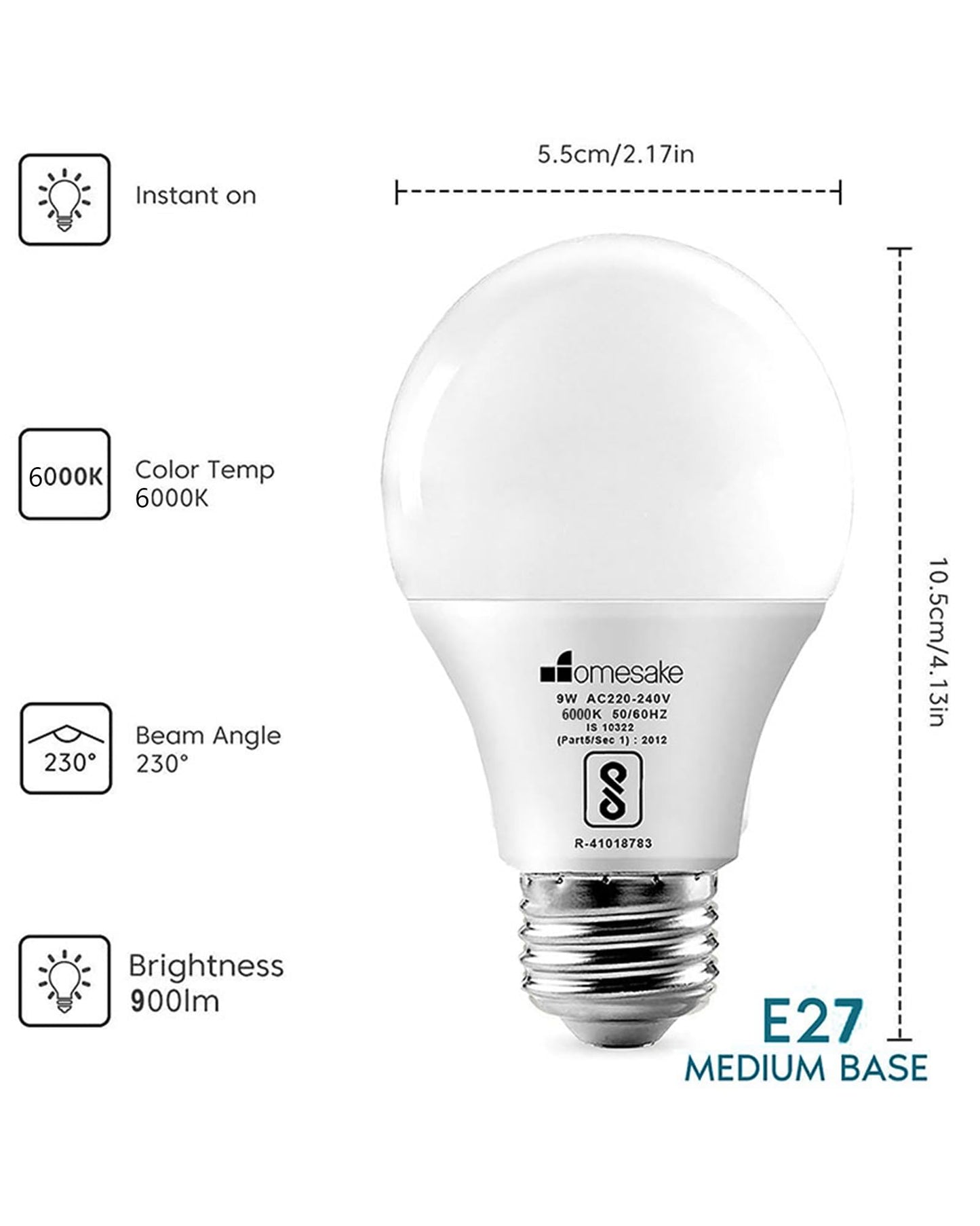 Homesake® E27 LED Light Bulbs Cool White 6000k 9W Standard Edison Base Bulb, for Bedroom Living Room, Energy Saving LED Light Bulb for Home, Office & Study Room
