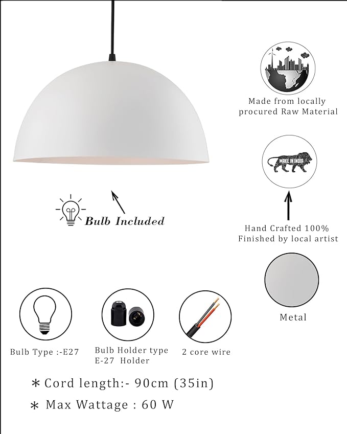 Metallic White Pendant Hanging Light, Hanging Lamp 14", Industrial E27 lamp
