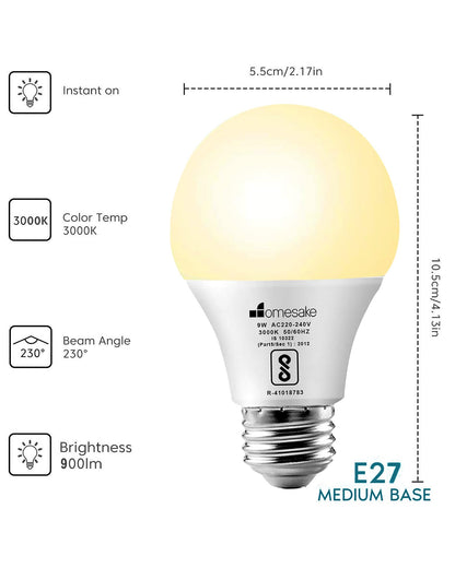 Homesake® E27 LED Light Bulbs Cool White 6000k 9W Standard Edison Base Bulb, for Bedroom Living Room, Energy Saving LED Light Bulb for Home, Office & Study Room