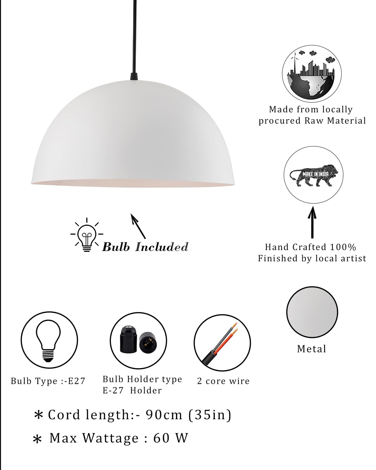 Homesake® Modern Hanging Dome Pendant Light | Minimalist Hanging Ceiling Lamp | White Metal Shade | Contemporary Home Decor Lighting Fixture | Ideal for Living Room, Dining Room, Kitchen, Bedroom