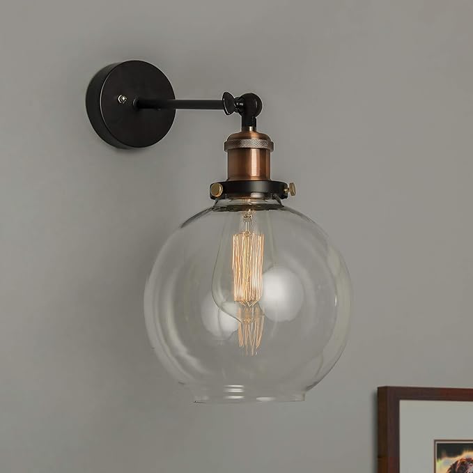 Edison Industrial Glass Globe Wall Lamp, Vintage Industrial Loft, E27 Holder, Decorative, Swing Wall Light, Filament/LED