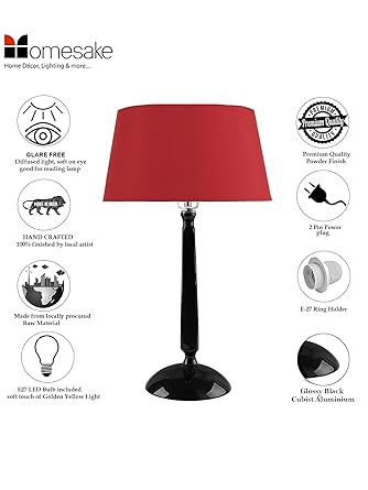 Glossy Black Cubist Aluminium Table Lamp With Drum Shade, Bedside, Living Room Study Lamp, Bulb Included