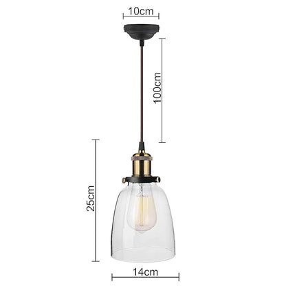 Pendant Light with Bell Glass Shade, Metal Base Cap and Adjustable Textile Cord, Industrial Style Retro Hanging Lamps for Dining Living Room