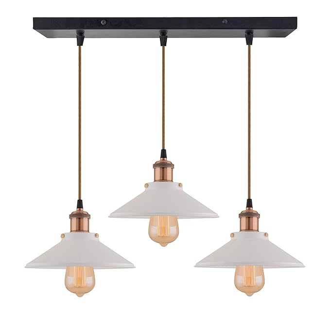 3-Lights Linear White Cone Shade Cluster Chandelier Hanging Light, Decorative, Black, Kitchen Area and Dining Room Light, LED/Filament Light
