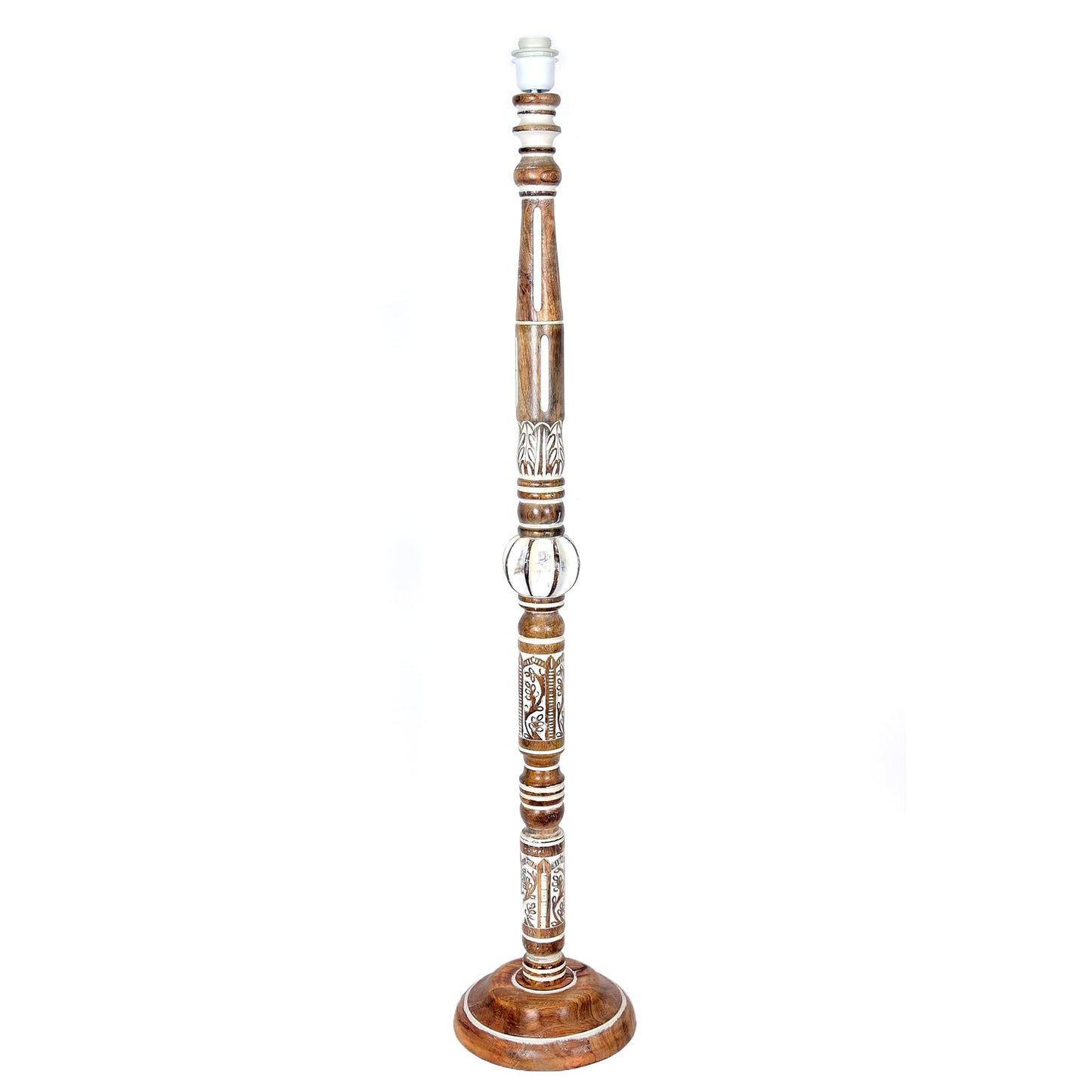 Royal Carving Antique white finish wooden floor lamp with Beige Fabric Lamp Shade