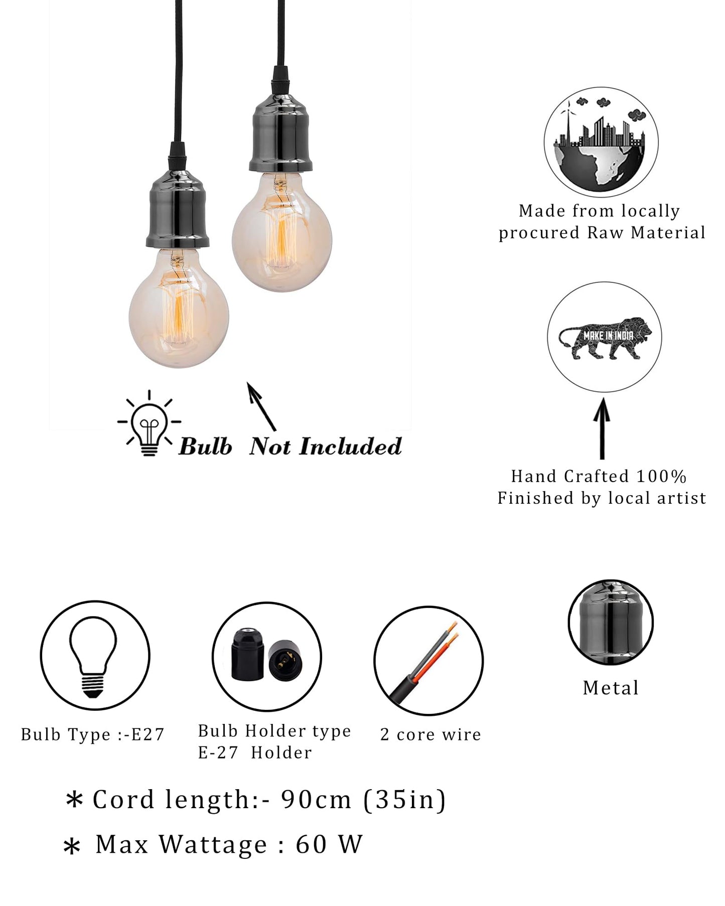 Homesake® Edison Filament Metallic Black Bronze Bulb Holder, Urban, Retro, Nordic Style, With Fixture, Set of 2