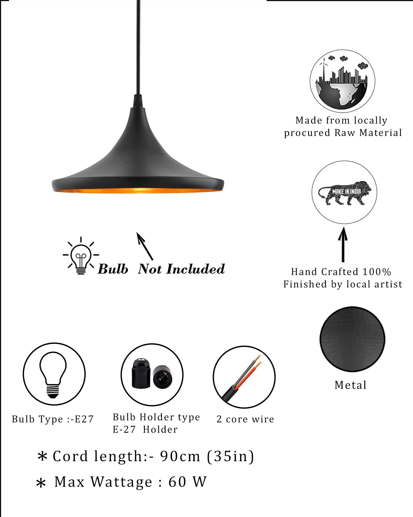 Homesake® E26/E27 Single Head Metal Danish Shade Pendant Vintage Hanging Ceiling Light, Black Set of 2
