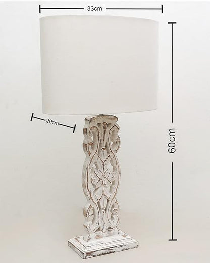 Sculptural Hand Carved Wood Table Lamp with Oval White shade, Antique Black