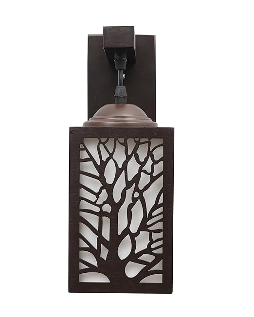 Wooden Modern Floral Pattern Wall Light, Coffee Brown White Frost shade