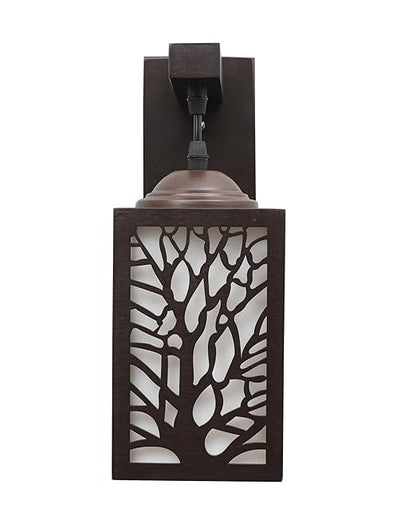 Wooden Modern Floral Pattern Wall Light, Coffee Brown White Frost shade
