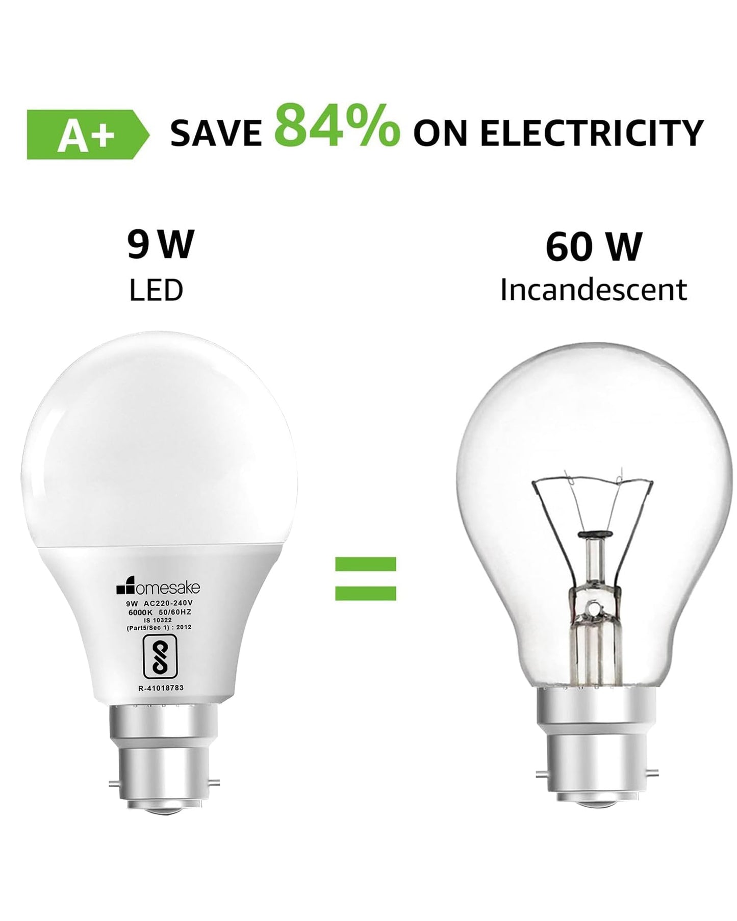 Homesake® B22 Light Bulbs Cool White 6000K 9W Standard Edison Base Bulb,for Bedroom Living Room, Energy Saving LED Light Bulb for Home, Office & Study Room