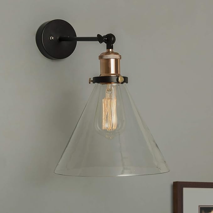 Edison Industrial Glass Cone Wall Lamp, Vintage Industrial Loft, E27 Holder, Decorative, Swing Wall Light, Filament/LED