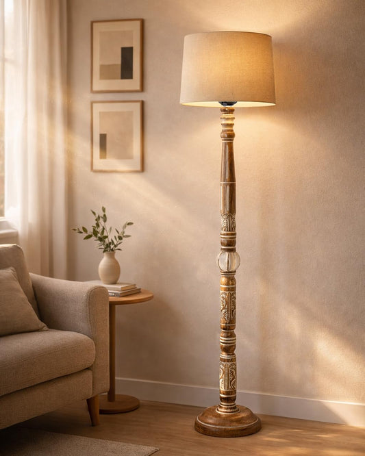 Royal Carving Antique white finish wooden floor lamp with Beige Fabric Lamp Shade