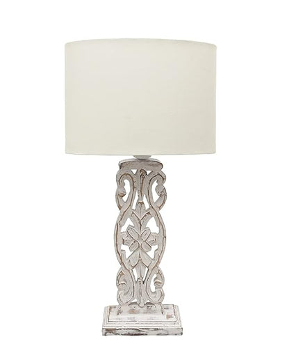 Sculptural Hand Carved Wood Table Lamp with Oval White shade, Antique Black