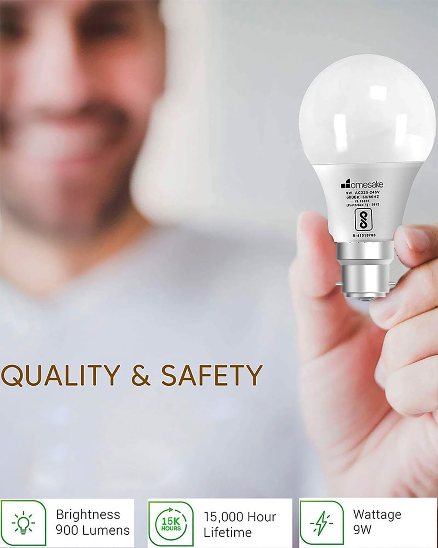 Homesake® B22 Light Bulbs Cool White 6000K 9W Standard Edison Base Bulb,for Bedroom Living Room, Energy Saving LED Light Bulb for Home, Office & Study Room