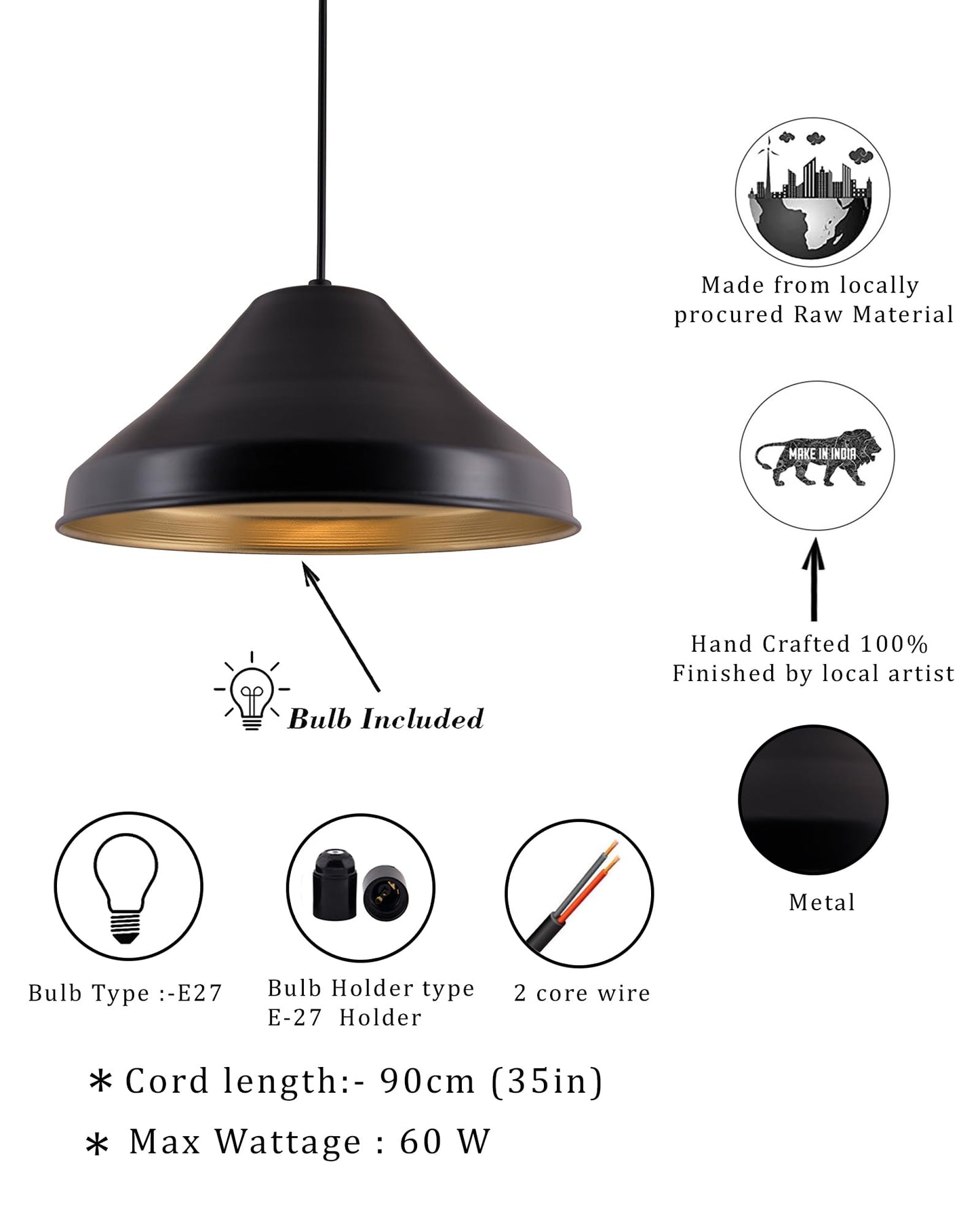 Homesake® Hanging Light Black, Inverted Cone | Ceiling, Pendant Light Nordic E27, For Living Room, Bedroom - Home Decor Items