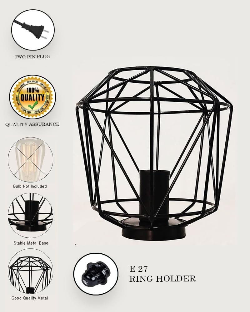 Homesake® Metal Cage Table Lamp, Vintage Flame E27 Decorative Bedside Incandescent Light (Geometric), Black