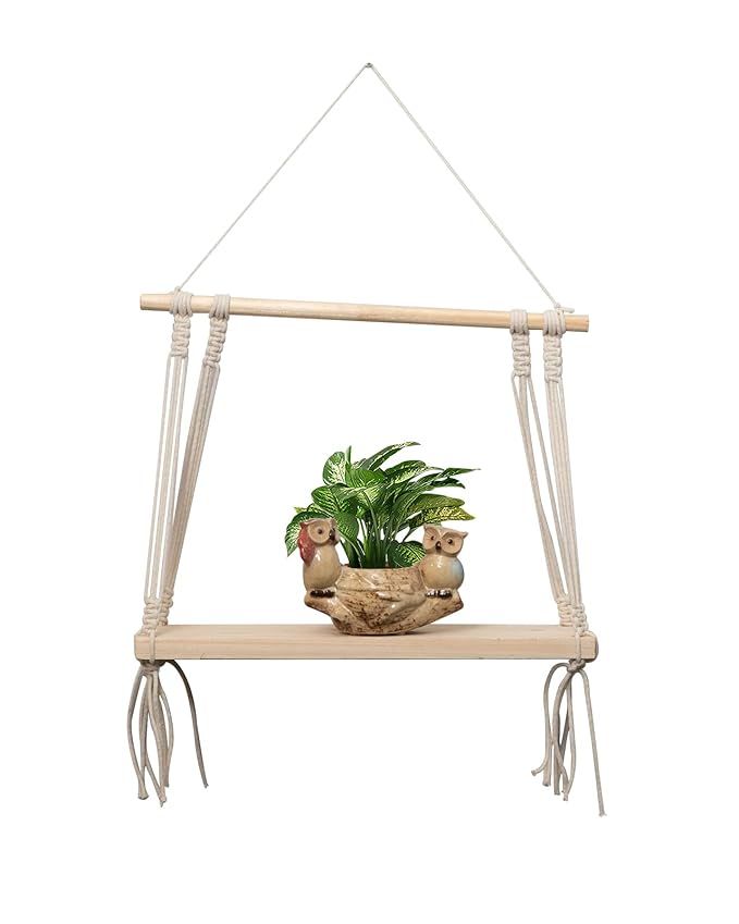Macrame Wall Hanging Shelf Wood Floating Boho Shelves with Wooden Dowel Modern Chic Hand Woven Art Decor for Apartment Dorm Bedroom Living Room Nursery Beige